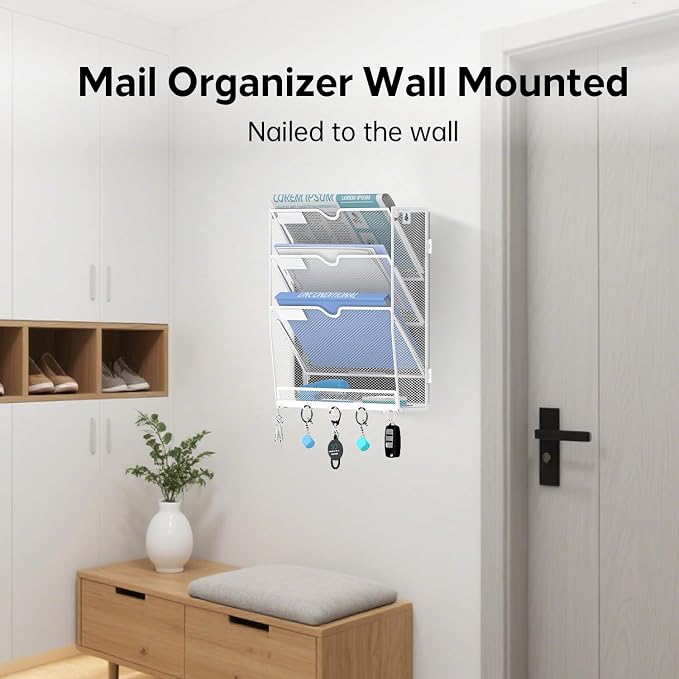 4-Tier Wall File Organizer and Mail Organizer with 5 Hooks, White | Label slots, curved openings, 5 key hooks, and a bottom tray support organized mail, file, and everyday item storage.