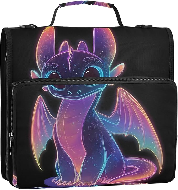 3 D-Ring Zipper Binder Bag, Cute Purple Glowing Dragon Removable Binder with Zipper Case Hold 300+ Sheets& 13 Inch Laptop for School Office Supplies Organizer