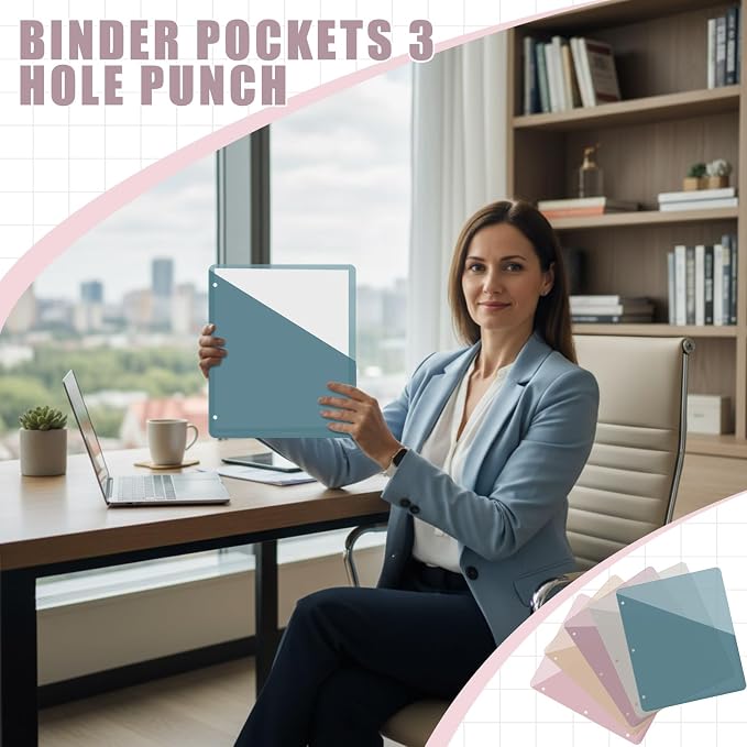 Maitys 50 Pack Binder Pockets 3 Ring, Letter Size 8.5x11,Morandi Color | Clear Plastic Document Sleeves, Sheet Protectors with Slash Jacket, Fits Standard 3 Hole Binders, Organize Office Papers