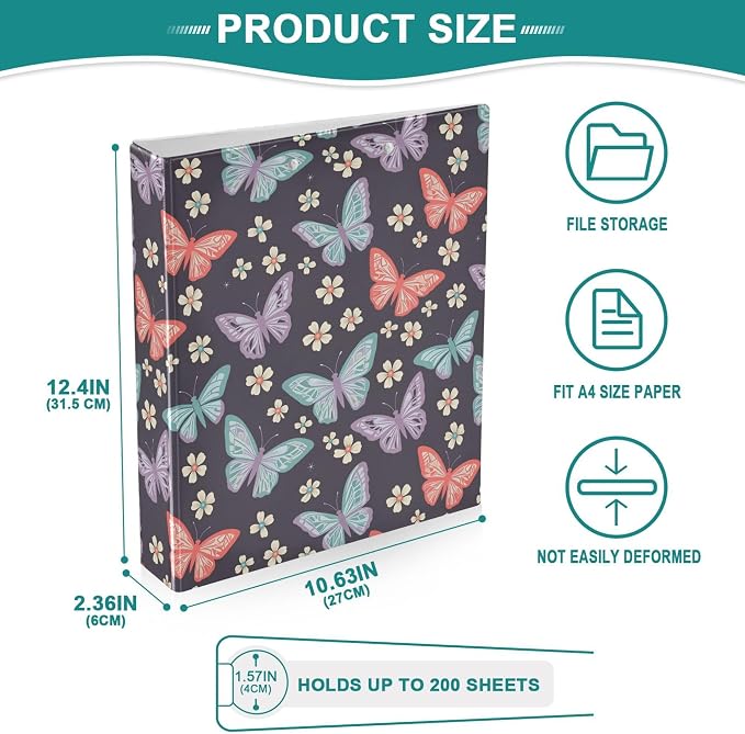 Butterfly Insect Flower Round Ring Binders 1.5 Inch Biology Botany Natural Science 3 Ring Clipboard Binder for Office School Work Supplies File Folder 200 Sheet Capacity 2 Pieces