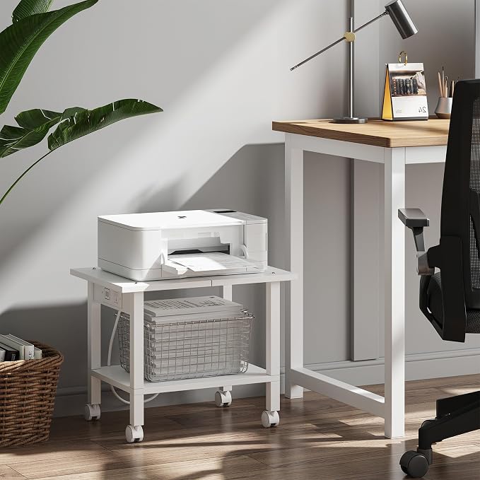 TUTOTAK Printer Stand, 2 Tier Rolling Printer Cart with Charging Station | Small Under Desk Printer Table with Wheels for Small Space, Office, Home, White PS01BW001P