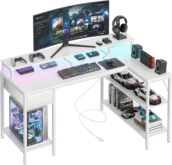 Alpen Computer Desk, L Shaped Desk for Gaming, Home Office Desk with LED Lights, Reversible Corner Desk with Shelves and Drawer, PC Desk for Living Room, Bedroom, 53 Inch, White