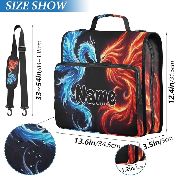 Custom Dragon Phoenix 3 Ring Binder Bag 1.5 inch Personalized Name Binder Organizer 500 Sheet Documents Storage for School Office