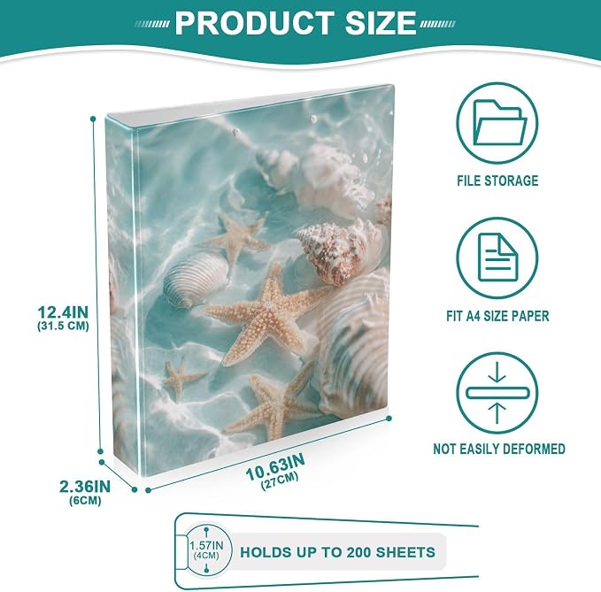 Blue Beach Seashells and Starfish Binder 3 Ring 1.5 Inch Binder with Clipboard&Pockets, Hardcover Binders Heavy Duty Large File Folder for Office School Supplies - Holds 200 Sheets
