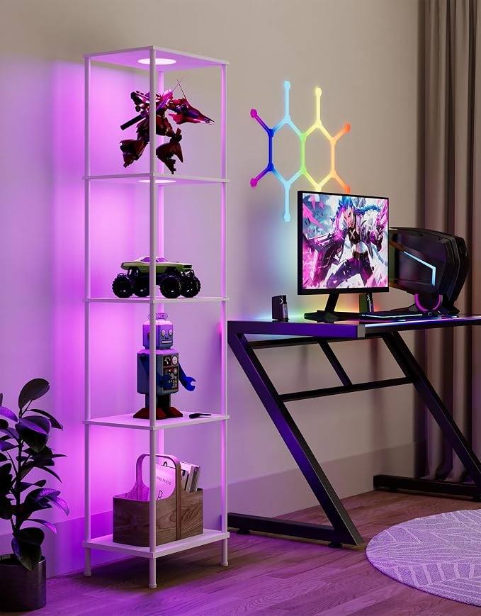 Display Shelf with RGBCW Light, Color Changing Curio Cabinet Floor Lamp with Shelves Corner Standing Column Lamp Etagere Organizer Tower Nightstand Bookcase for Living Room Bedroom Office Décor White