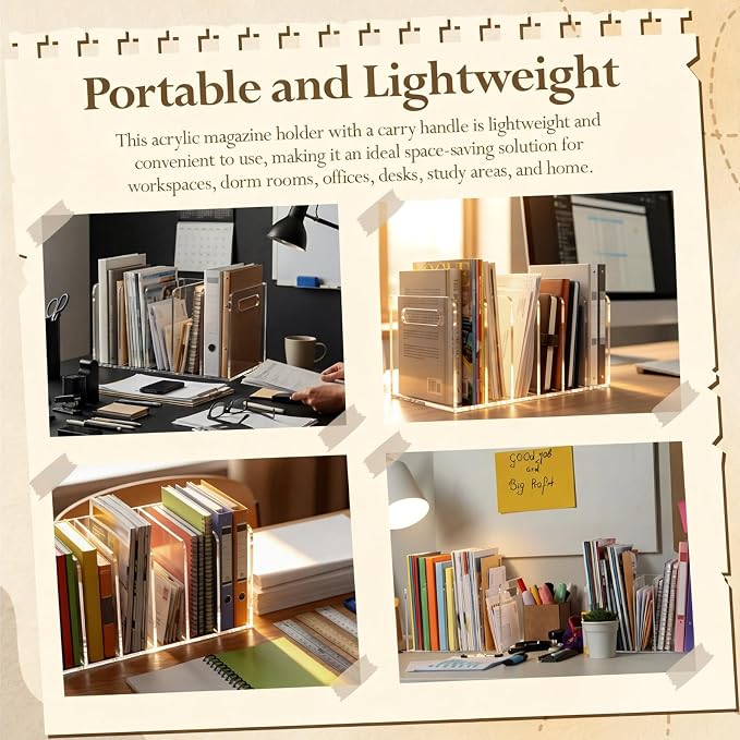 Didaey 2 Pcs Acrylic Magazine File Holder, 5 Vertical Compartments Desk Sorter Organizer Magazines Documents Books Accessories Clear Folder Rack Binder for Office Home (B5,5 Sections,Clear)