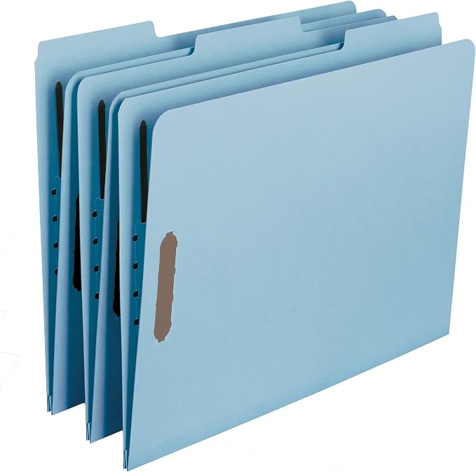 Smead 100% Recycled Pressboard Fastener File Folder, 2 Fasteners, 1/3-Cut Tab, 2" Expansion, Letter Size, Blue, 25 per Box (15001)