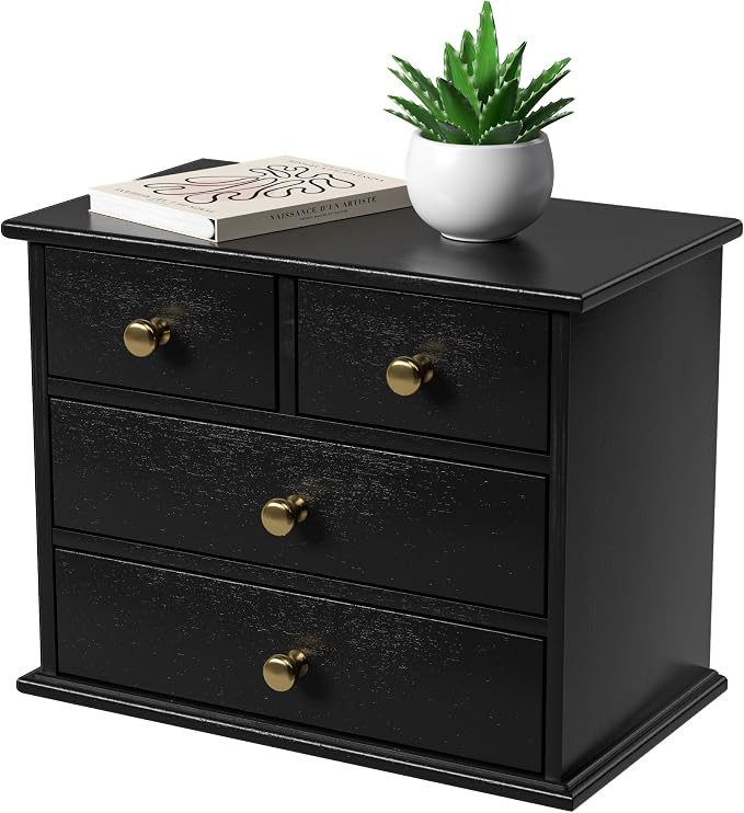 Oak Desk Organizer with Drawers, Durable Wooden Desktop Storage Box | 4 Drawer Tabletop Organizer with Metal Handles & Non-Slip Pads for Office, Bedroom, Bathroom, Vanity & Makeup Storage, Black