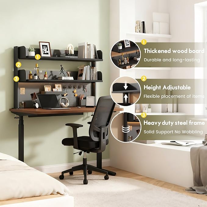 Clamp On Desk Shelf Organizer with Pegboard Desk Hutch Dorm with Storage Bookshelf Desk Top Organizer Shelf Multi-Purpose White & Black Desktop Shelves & Office Shelves (Black, W - 31.5")