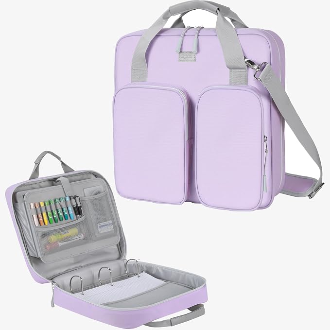 Zipper Binder 3 Inch 3 Ring with Shoulder Strap Multi-Pocket,Tough | Binder Bag with Laptop organizer for School Travel,Fit 13" MacBook & Tablet,700 Sheets Capacity,Water Resistant,Light Purple