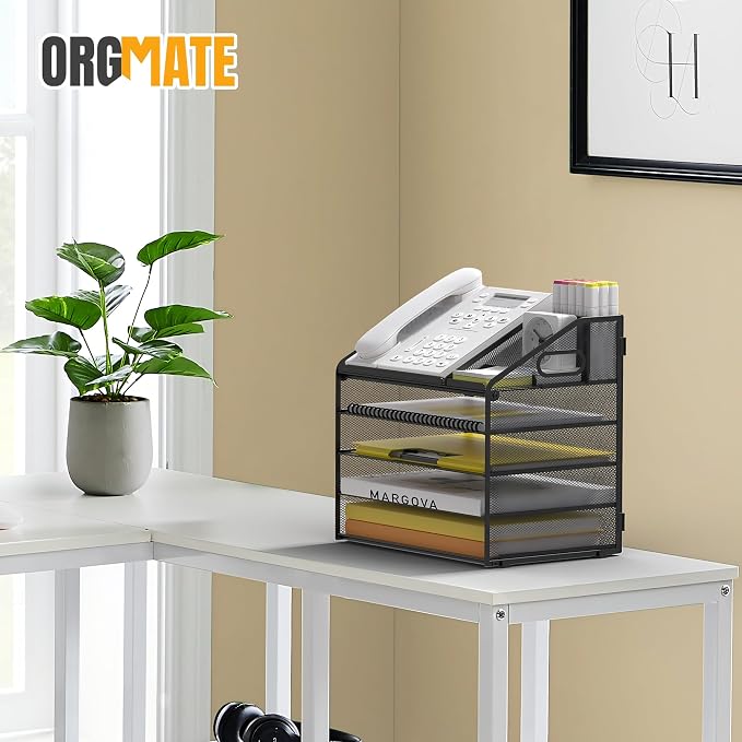 5 Tier Mesh Desk Organizer with Pen Holder and Handle Letter Tray | Metal desktop document shelf and paper sorter. Premium mesh workspace storage for office, home, and classroom