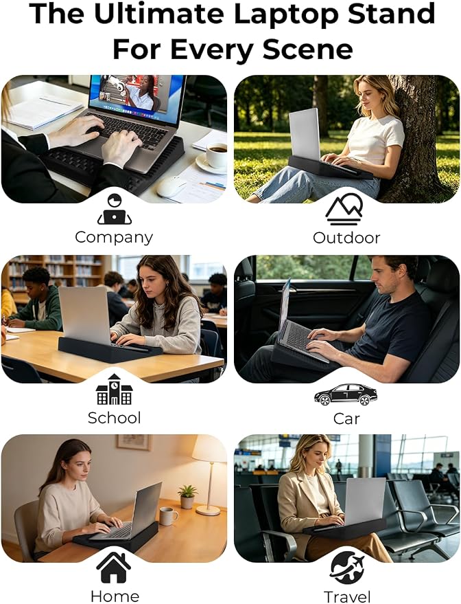 Adjustable Lap Desk with Wrist Rest, Reversible Laptop Stand | Cooling Grip Surface, Fits up to 17'' Laptop, Portable Lap Desk with Pillow Cushion, Computer Tray for Home Office, Black