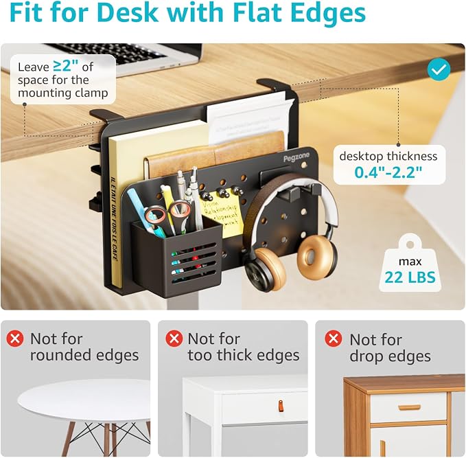 Desk Side Storage Organizer, Fits Flat Edge 0.4" to 2.2", Black | No Drill Under Desk Laptop Holder, Clamp on Desks Shelf with Pegboard Accessories, Hanging Laptop Mount