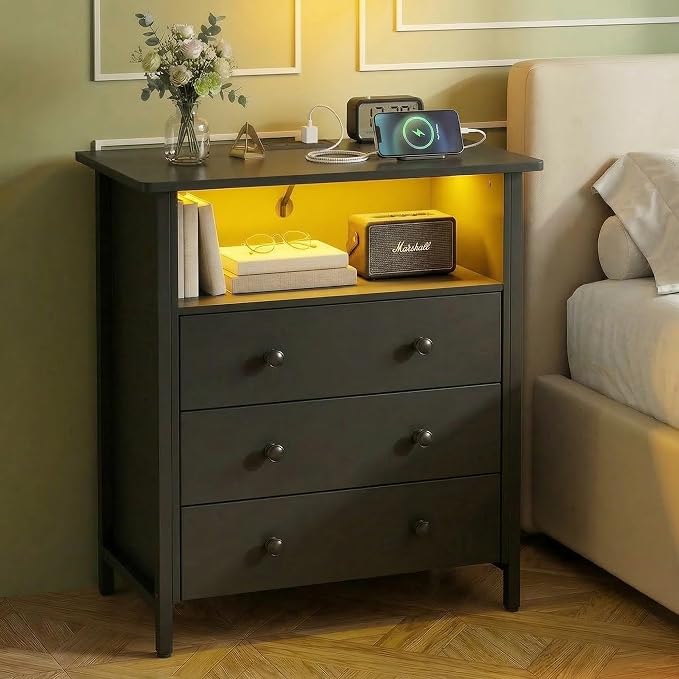 27 Inch LED Nightstand with Charging Station & 3 Drawers, Retro | RGB App Control, 2 AC Outlets & 2 USB Ports, Open Storage, Adjustable Feet, Wood Tall Nightstand for Bedroom or Office