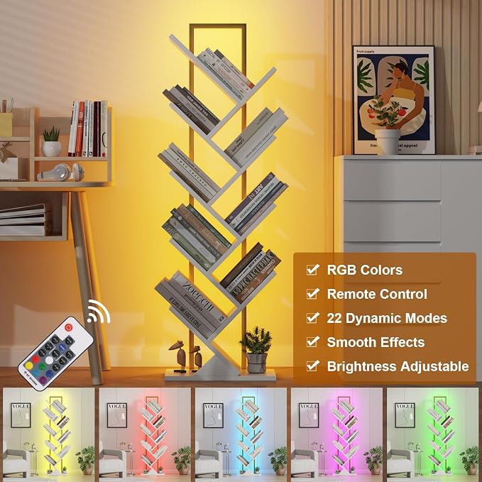 Qupui 9-Tier Tree Bookshelf with LED Lights, Tall Corner Bookcase, White | RGB 22 Modes 6 Brightness. Tree Branch Design. 9 Open Shelves. Engineered Wood With Metal Frame. T-shaped Stability