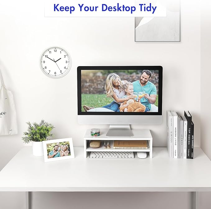 BEYGORMMonitor Stand Riser, White, 16.5 inch, 2 Tiers Wood Desk Shelf | Computer Screen Stand with Storage, For Desktop Laptop/Screen/TV/PC/Printer 16.5"L x 7.8"W x 5.2"H