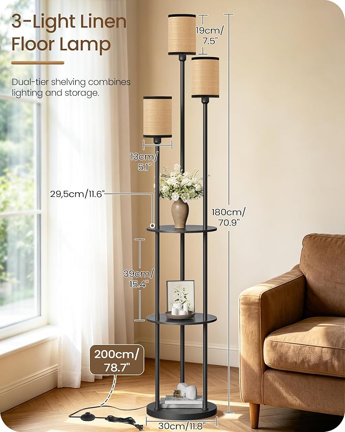 Floor Lamp with Shelves, for Living Room, 3-Light Standing Lamp | Modern Floor Lamp with Foot Switch, 3-Tier Shelf, 70.9" Tall Lamp, for Bedroom, Study, Office, Black and Yellow YB53LD05