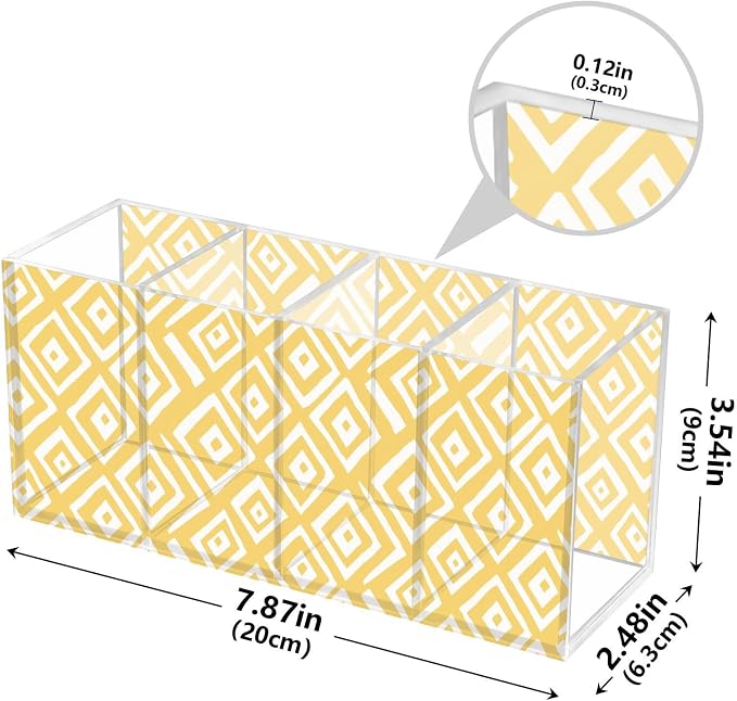 Yellow Geometric Figure Acrylic Printed Pen Holder 4 Compartments, Acrylic Plastic Pen Holder Cosmetic Brush Holder Desk Pen Holder Marker Organizer Square Acrylic Pen Holder 4 Compartments
