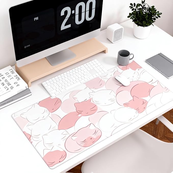 Cute Anime White Cat Gaming Mouse Pad, White Pink Minimalist Desk Mat with Anti-Slip Base & Stitched Edges, Office Supplies & Desk Decor for Women, 35.4" x 15.7" in Home Office Essentials