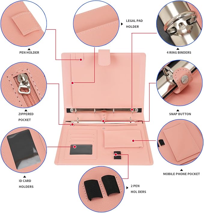 Wonderpool A4 PU Leather Ring Holder Writing Portfolio Multi Document Case with Removable Binder Clipboard and Functional Pocket for Organizer Office Travel School (Pink)