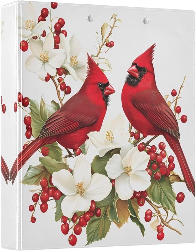 3 Ring Binder Red Cardinal Flowers Berries 1.5" Round Ring Binders View Binder with 200 Sheet for Kids School Supplies Women Men Office, 1 Pack