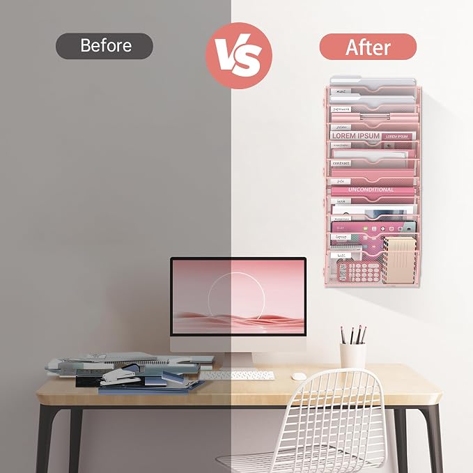 10-Tier Wall File Organizer and Hanging File Organizer, Pink | Wall Organizer and Wall Mounted File Holder with 10 Pockets and Label Panels for Files, Mail, Folders, Magazines and Paper