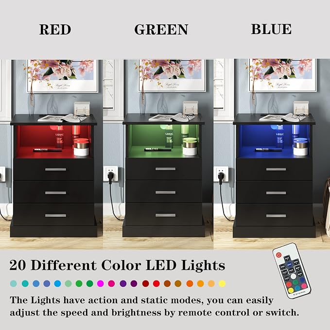 Halitaa Black LED Nightstand with Charging Station, Side Table with 3 Drawers and Light, End Table with Open Storage, Beside Cabinet for Bedroom (Black 2 Set)