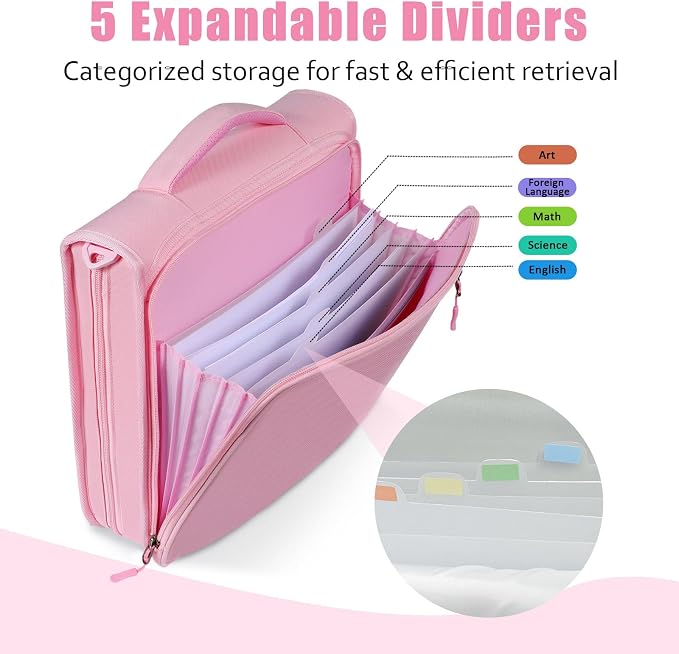 2 Inch 3 Ring Zipper Binder with 500 Sheet Capacity, 6 Tab Expanding File Folder, Multi-Pocket Design, Shoulder Strap and Handle for Middle School and Office (Pink)