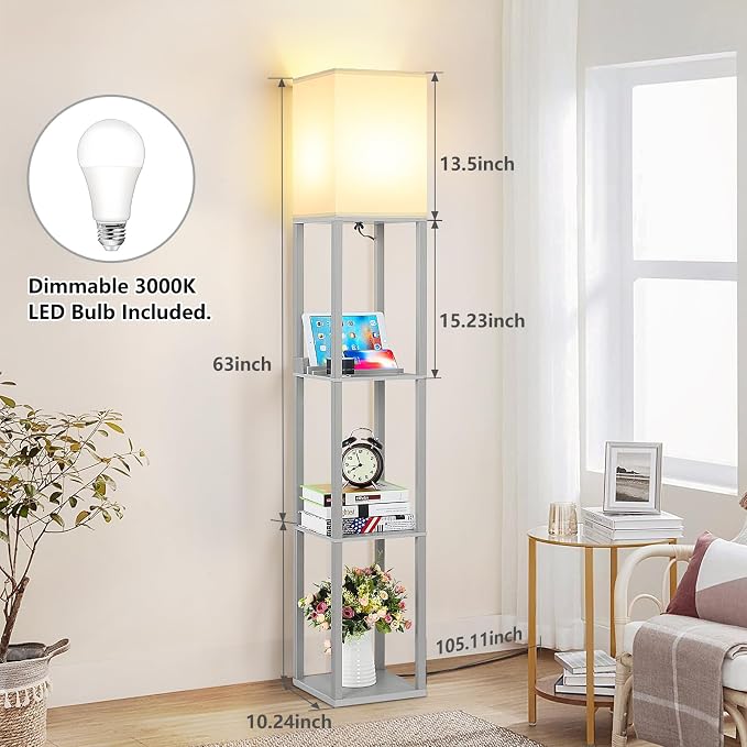 LED Shelf Floor Lamp, Modern Touch Control Dimmable Standing Lamp with 2 USB Ports and 1 Power Outlet, Corner Tall Lamps with Shelves, Wood Standing Light for Bedroom, Living Room, Grey | 3-Tier Modern Square Bookshelf Lamp, Corner Standing Light with ...