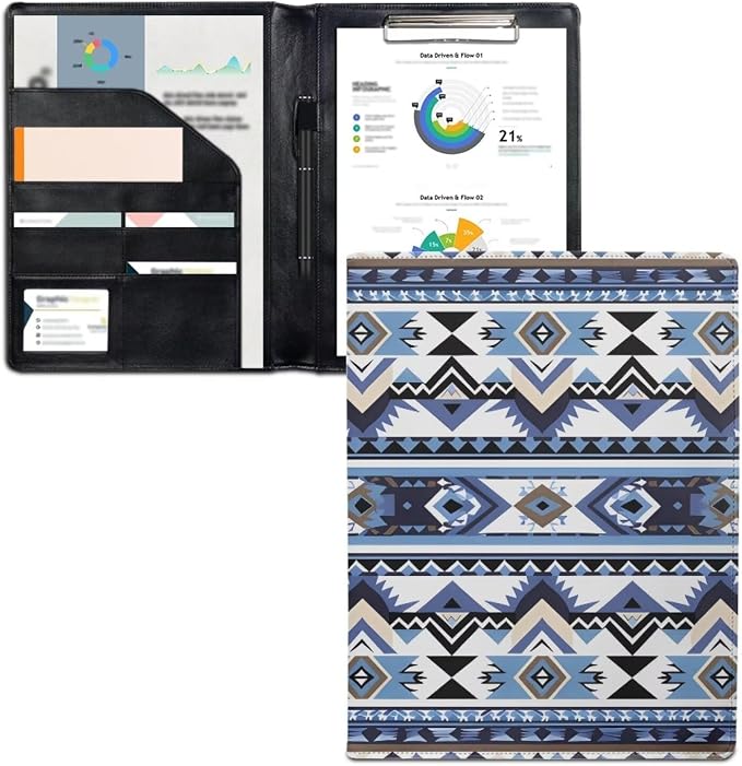 Dreaweet Aztec Print Padfolio Clipboard Folder Native American Ethnic Tribal Geometric PU Leather Portfolio Organizer Binder with Card Holder Board A4 Letter Size Notepad