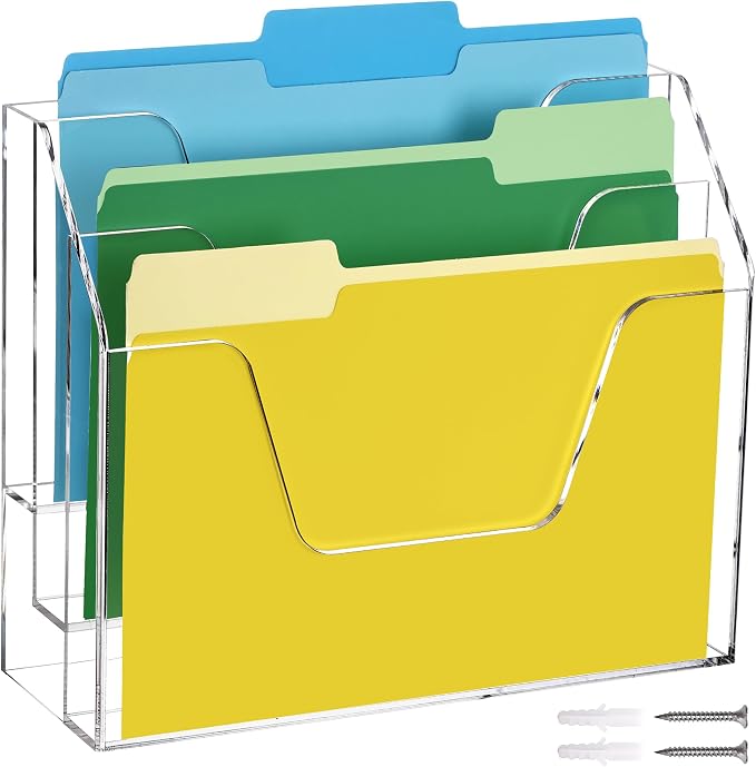 DINGHUO Acrylic Hanging Wall File Folder Organizer for Desk, Clear 3 Tier Document Paper Magazine Holder for Home, Office Organization, School - 1 Pack