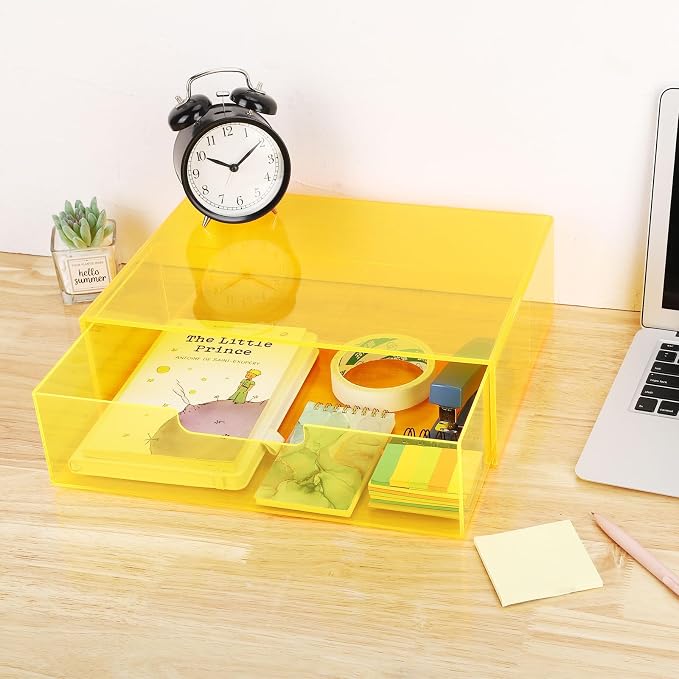 Gelite Acrylic Desk Organizer with Drawer for Makeup Vanity Stackable Desktop Storage Box for Office Supplies, 13.8 x 9.8 x 3.9’’, Neon Yellow