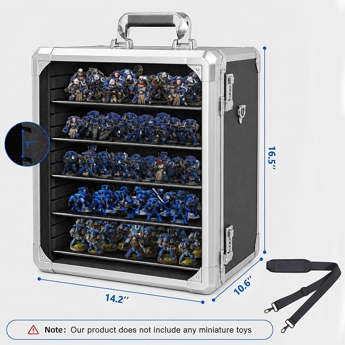 Miniature Carrying Case for Wargame Figures, Mini Display Case, Large | Aluminum Alloy, 5 Metal Trays, Combination Lock, Shoulder Strap, Storage Case for Collectibles, Tabletop Figure