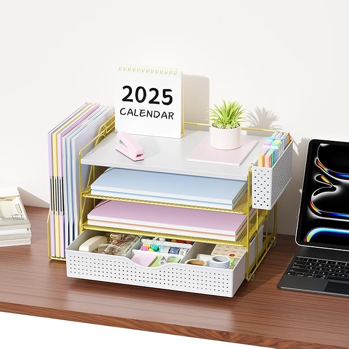 gianotter Wood Desk Organizers and Accessories with File Holder, 4-Tier Desk Accessories & Workspace Organizers with Drawer and Pen Holder, Desk Reference Organizer (Gold, 4T with Drawer)