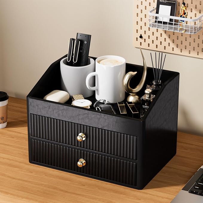 LADSTAG Office Supplies,Black Vegan Leather Office Organization with 2 Drawers & Tray,Glasses Holder with Gold-Tone Metal Accents Knob for End Tables,Bedside Table,Bedroom