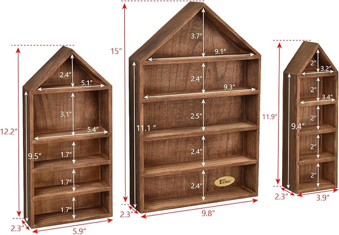 Ikee Design 3-Pc House-Shaped Wooden Shadow Box Shelf, Brown | Set of 3 wood shadow box shelves displays collectibles and accessories in grouped or separate wall arrangements.