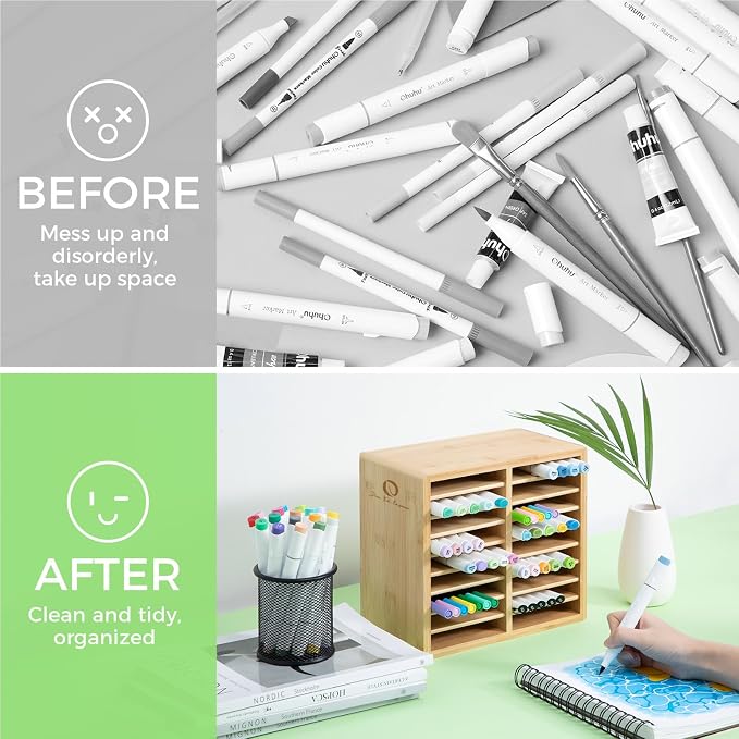 Ohuhu Bamboo Marker Organizer, Wooden Desktop Storage Holds 126 Markers | Markers Pens Pencils Art Brushes Stationary Organizer Pencil Holder with 18 Compartments for Classroom Office Decor Home