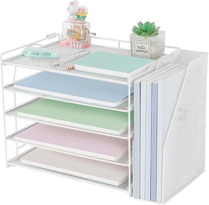 AUPSEN Desk Organizers and Accessories, 5-Tier Desktop Paper File Organizer with Removable File Holder, Desk Accessories & Workspace Organization for Home Office Supplies (White)