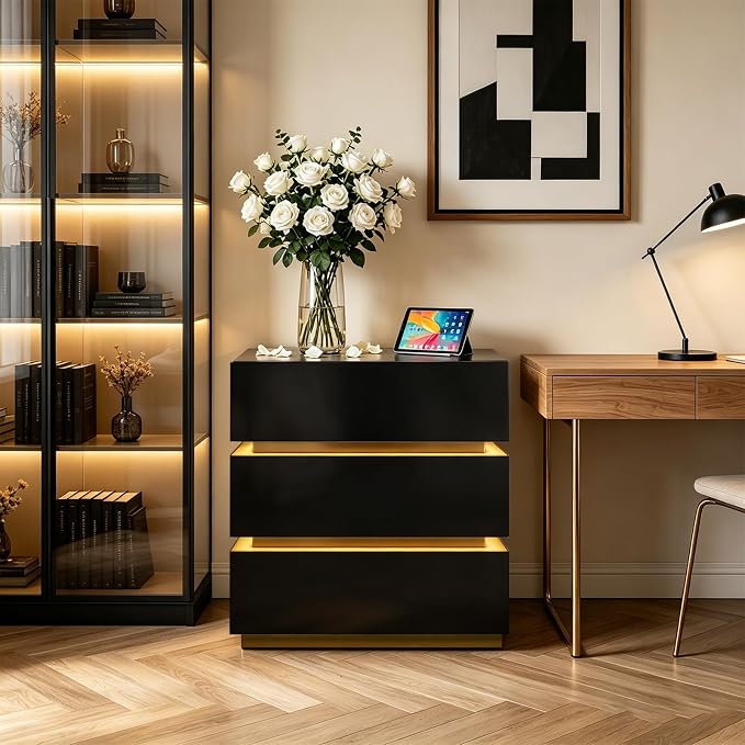 Nightstand with Charging Station, Night Stand with Drawers and LED Lights, Bedside Table, Modern End Table for Bedroom