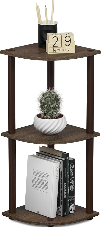 Furinno TURN-N-TUBE Corner Shelf, 3-Tier Corner Bookshelf, Display Storage Shelves, for Organization and Storage, Living Room, Home Office, Garage, Walnut