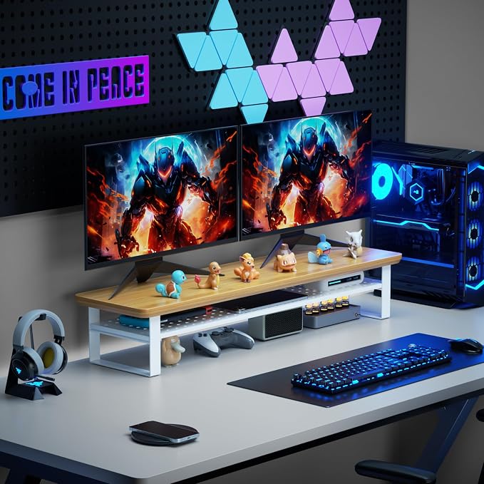 Dual Monitor Stand, 35.4 Inch Monitor Stand Riser for 2 Monitors, 2 Tiers Wood Desk Shelf with Storage, Desktop Organizer Stand for Computer, Laptop, Printer, TV