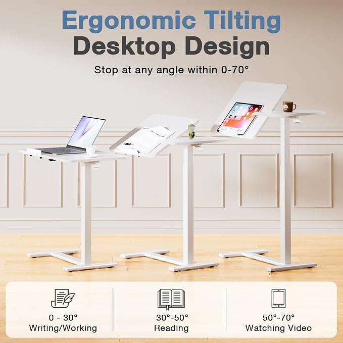DUMOS Adjustable Bedside Overbed Table with Wheels, White | Laptop Standing Desk with Tilting Top Height, Mobile Rolling Computer Cart for Hospital Home Bedroom Use