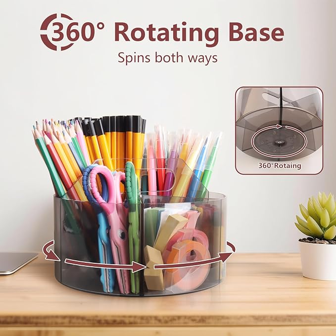 Absonic Acrylic Pen Holder Crayon Organizer for Kids, 6 Slots Arts and Crafts Organizer Marker Caddy Organizer for Classroom, 360 Rotating Pencil Holder Art Supplies Storage for School Office Grey