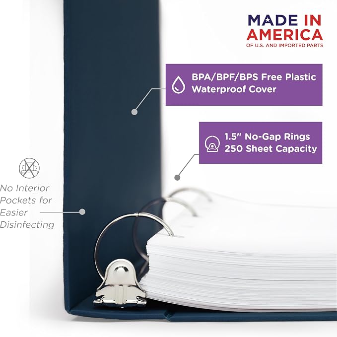 Carstens 1.5-Inch Heavy Duty 3-Ring Binder - Side Opening, Navy Blue, Durable Plastic, No-Gap Rings, Waterproof Cover, No Pockets, Holds 250 Letter Sheets, BPA-Free, Made in USA (2024-3R), Case of 20