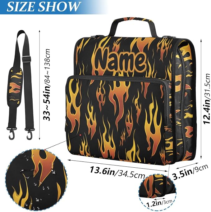 Custom Yellow Orange Fire Flames 3 Ring Binder Bag 1.5 inch Personalized Name Binder Organizer 500 Sheet Documents Storage for School Office