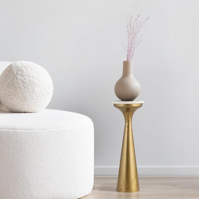 JONATHAN Y Oliver 8" Round Marble Pedestal Drink Table, Gold/White | 22.25" High Modern Martini Cocktail Accent Stand, Small Side Furniture, No Assembly, Mid-Century Glam Style