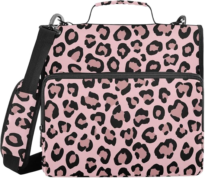 Leopard Pink Pattern 3 Ring Zipper Binder with Shoulder Strap & Handle 1.5 Inch D-Ring Zippered Bag with Pencil Pouch,Multiple Pocket & Expanding File Folder, Binder Organizer for School or Office
