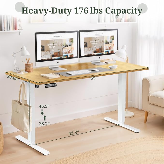 55 x 24 in Electric Standing Desk - Memory Height Adjustable | Ergonomic Sit-to-Stand Rising Computer Table Gaming Workstations with 2 Hooks and Wire Hole for Home Office, Natural