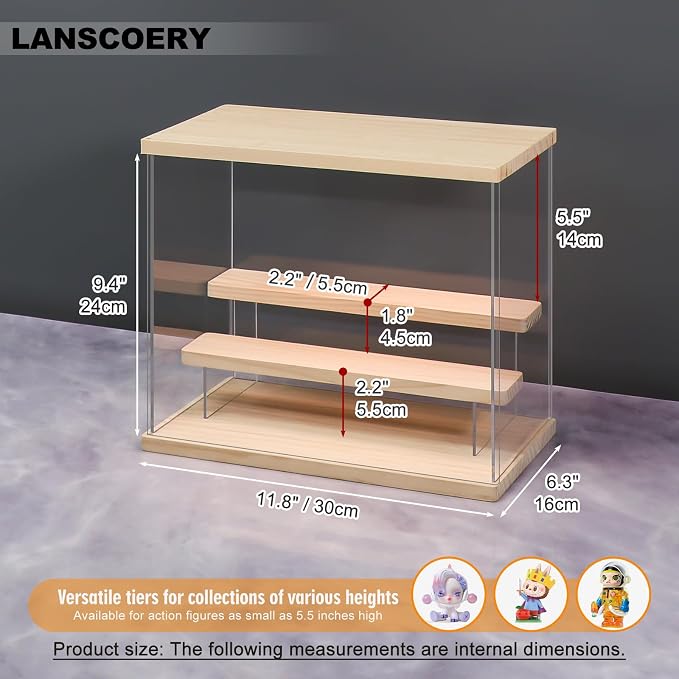 LANSCOERY Acrylic Display Case for Collectibles, 3-Tier LED Light, Wood | 3mm clear acrylic panels with front door access and tri-color top light for small figures on a desk or shelf.