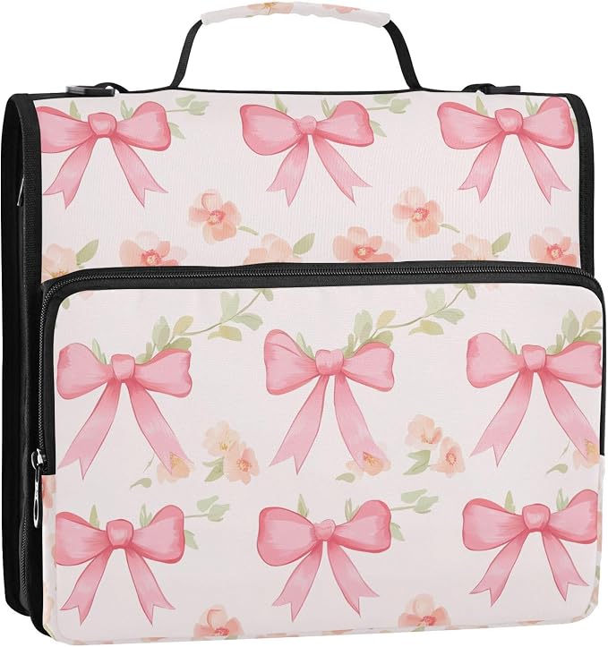 Watercolor Flowers and Pink Bows Zipper Binder with Shoulder Strap Bag 3 Ring Binder Organizer Large Capacity Multiple Compartments for School Office